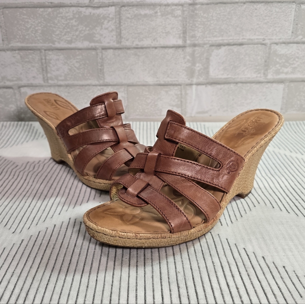 Born TINKA Women's Wedge Sandals Brown Leather Woven Platforms 10/42